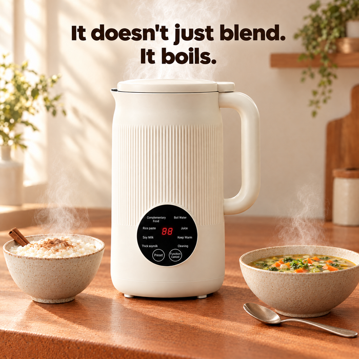 Velusive 8-in-1 plant milk and soup maker with steam rising, beside hot soy milk and hot soup