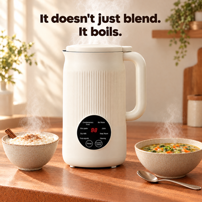 Velusive plant milk and soup maker steaming between a bowl of hot rice pudding and a bowl of hot vegetable soup