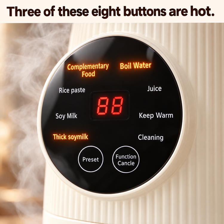 Control panel close-up: three of the eight programs are hot — Complementary Food, Boil Water and Thick soymilk