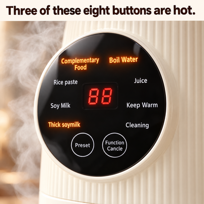 Close-up of the control panel showing eight programs with Complementary Food, Boil Water and Thick soymilk lit
