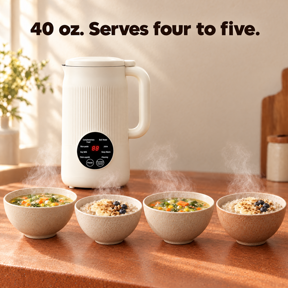 Four steaming bowls of soup and oatmeal in a row beside the Velusive maker, one 40 oz batch