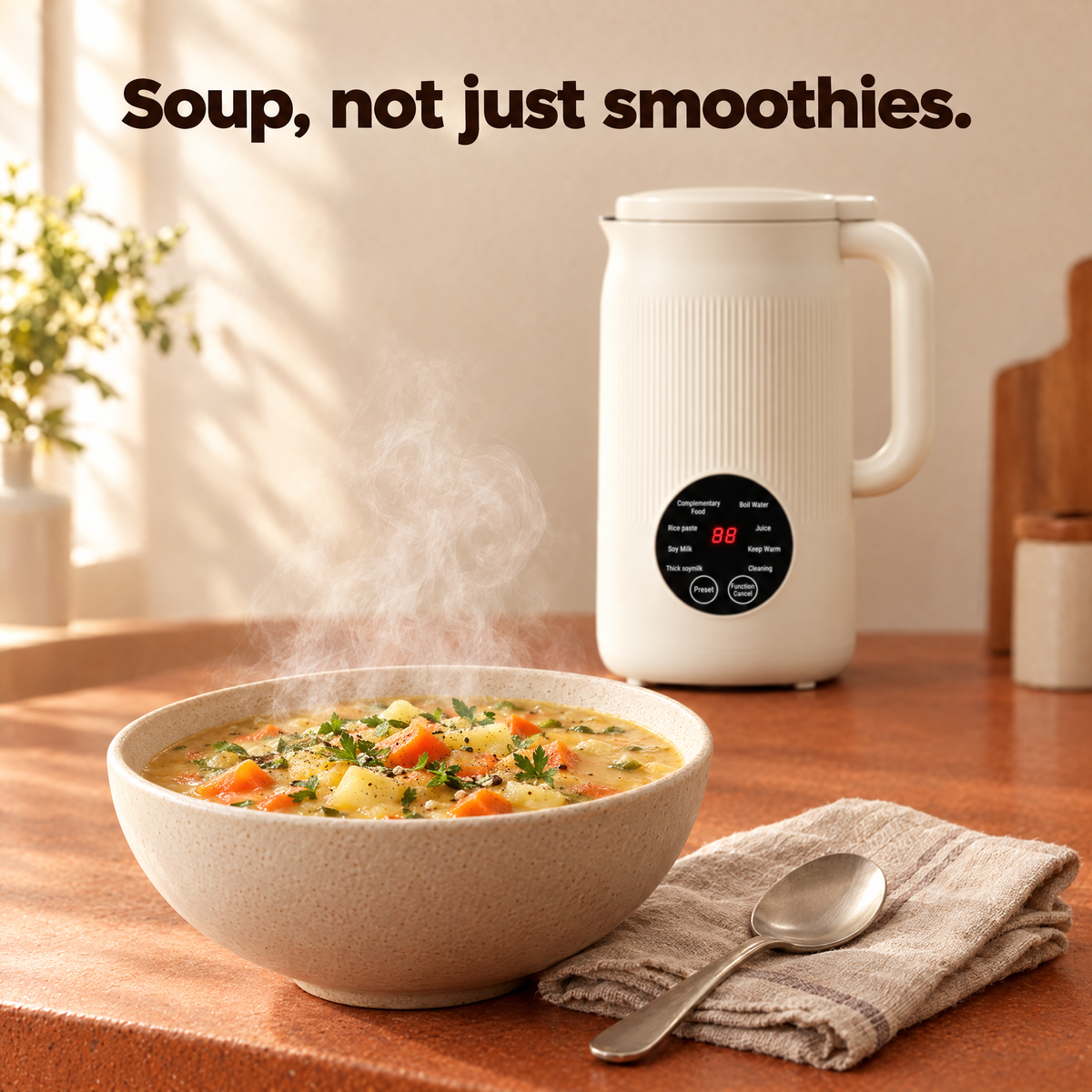 Bowl of thick hot vegetable soup made in the machine, with spoon and linen napkin