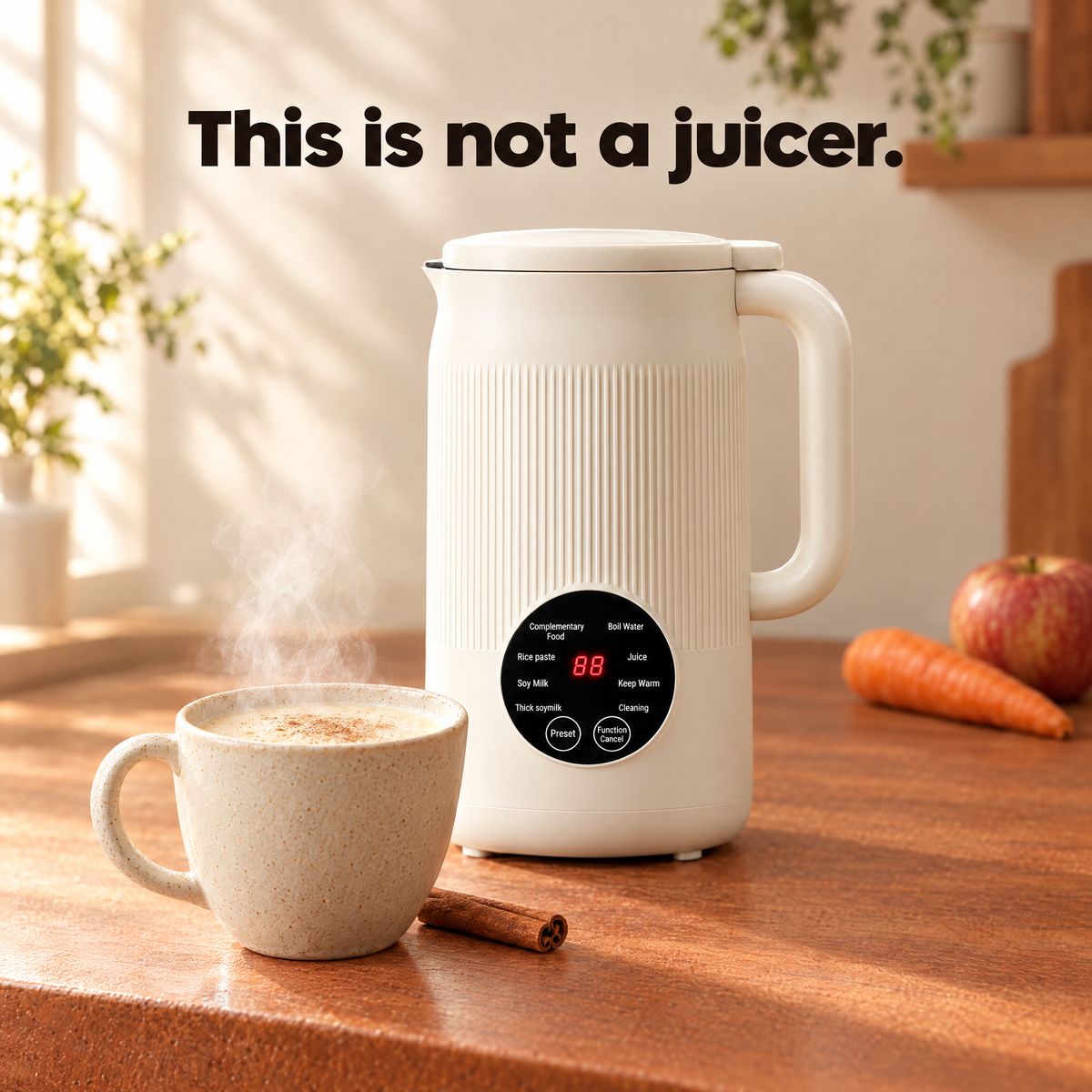 A mug of thick hot atole beside the Velusive maker, with a raw carrot and apple left untouched in the background