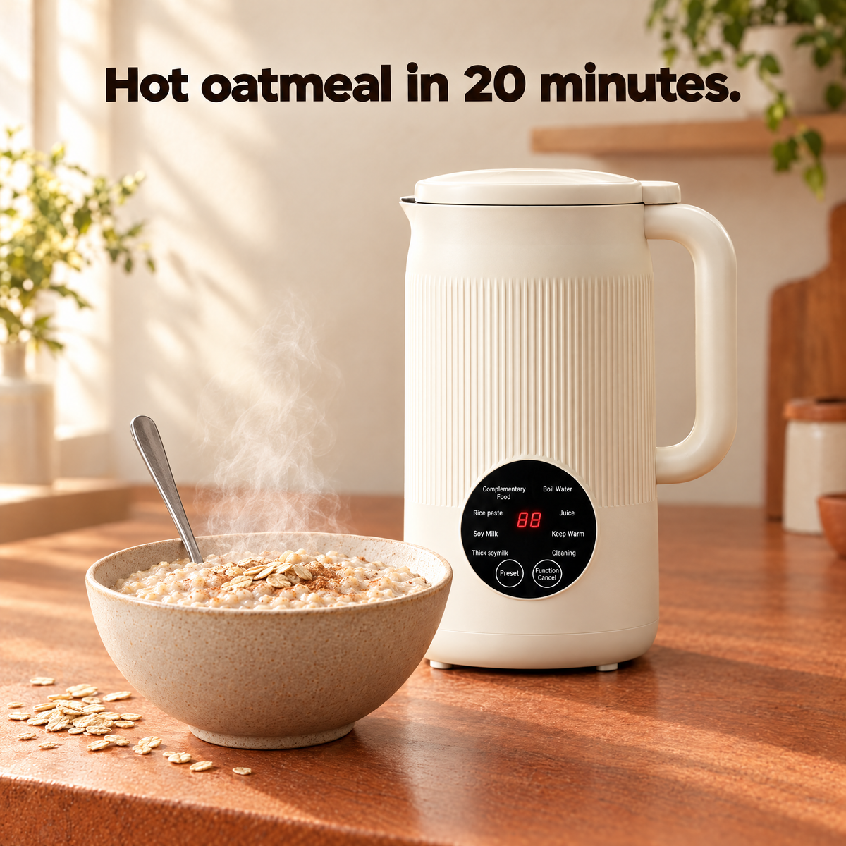 A bowl of thick hot oatmeal with a spoon standing in it, steaming beside the Velusive plant milk and soup maker