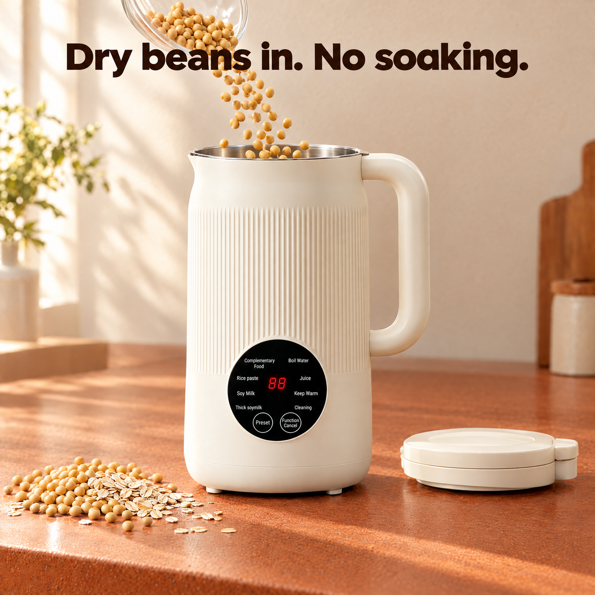 Dry unsoaked soybeans pouring into the stainless steel jar - no soaking required